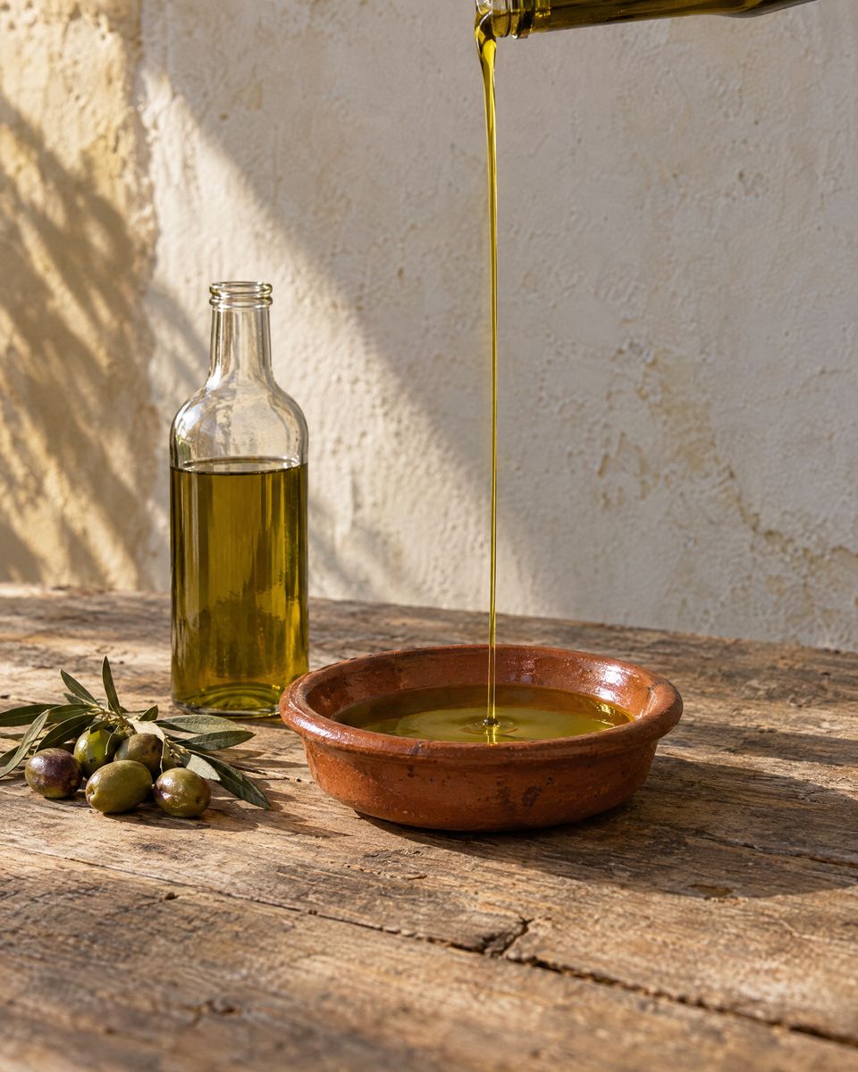 Aceite de oliva cayendo en un cuenco de barro sobre una mesa de madera, junto a una botella sin etiqueta y unas aceitunas.